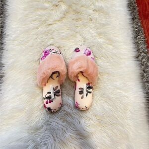 Pink Floral Slippers with Fur Trim